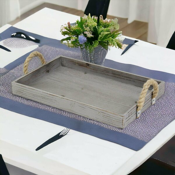 Homeroots Wooden Tray with Rope Handles, Gray 399615